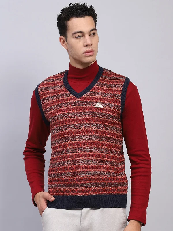 Men Maroon Stripe V Neck Sleeveless Sweater