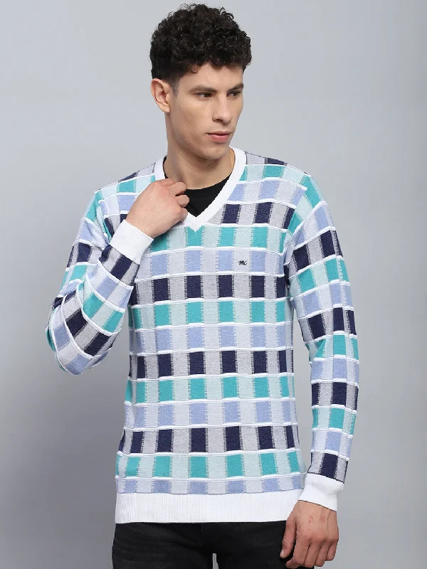 Men Multicolor Check V Neck Full Sleeve Pullover