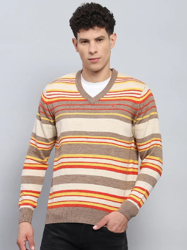 Men Multicolor Stripe V Neck Full Sleeve Pullover