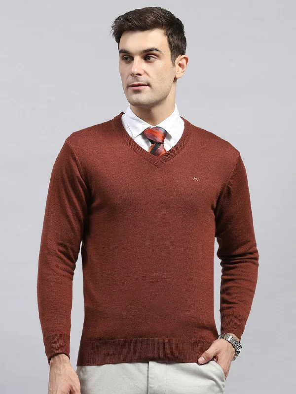 Men Rust Solid V Neck Full Sleeve Pullover