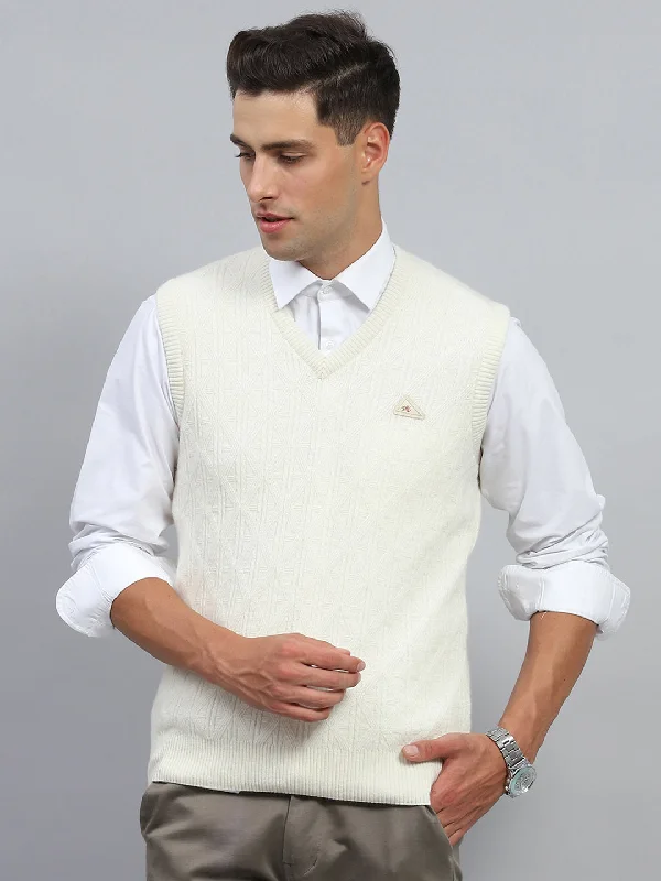 Men White Self Design V Neck Sleeveless Sweater