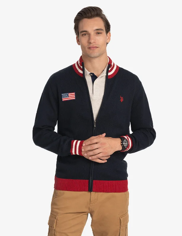 MOCK NECK FULL ZIP VARSITY SWEATER