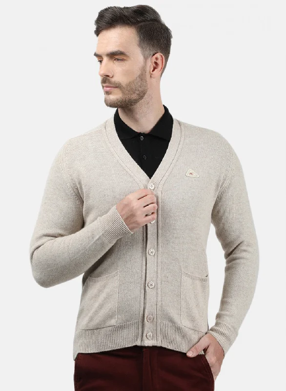 Men Beige Solid Cardigan