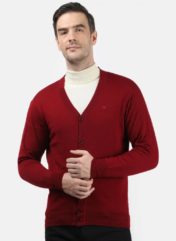 Men Maroon Solid Cardigan