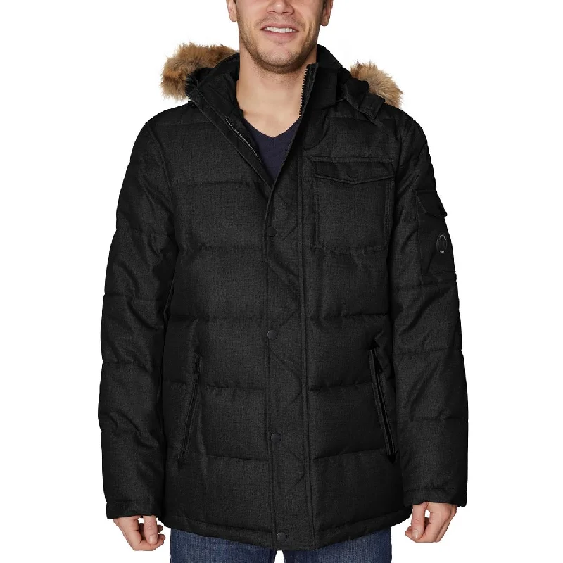 Nautica Mens Faux Fur Trim Quilted Parka Coat